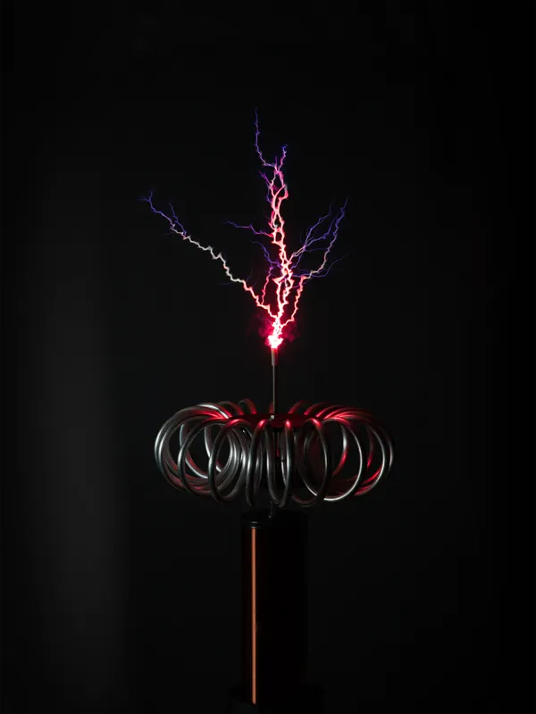 Teslaspule mit roten und violetten Blitzen vor schwarzem Hintergrund